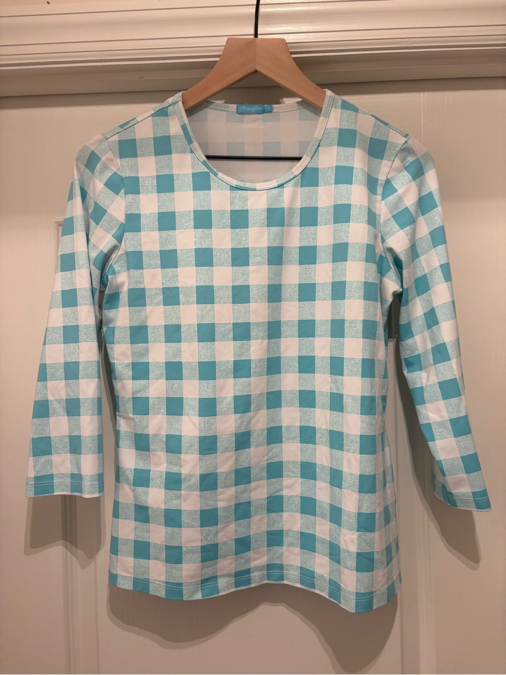 Women’s J. McLaughlin teal blue and white gingham 3/4-sleeve top size M